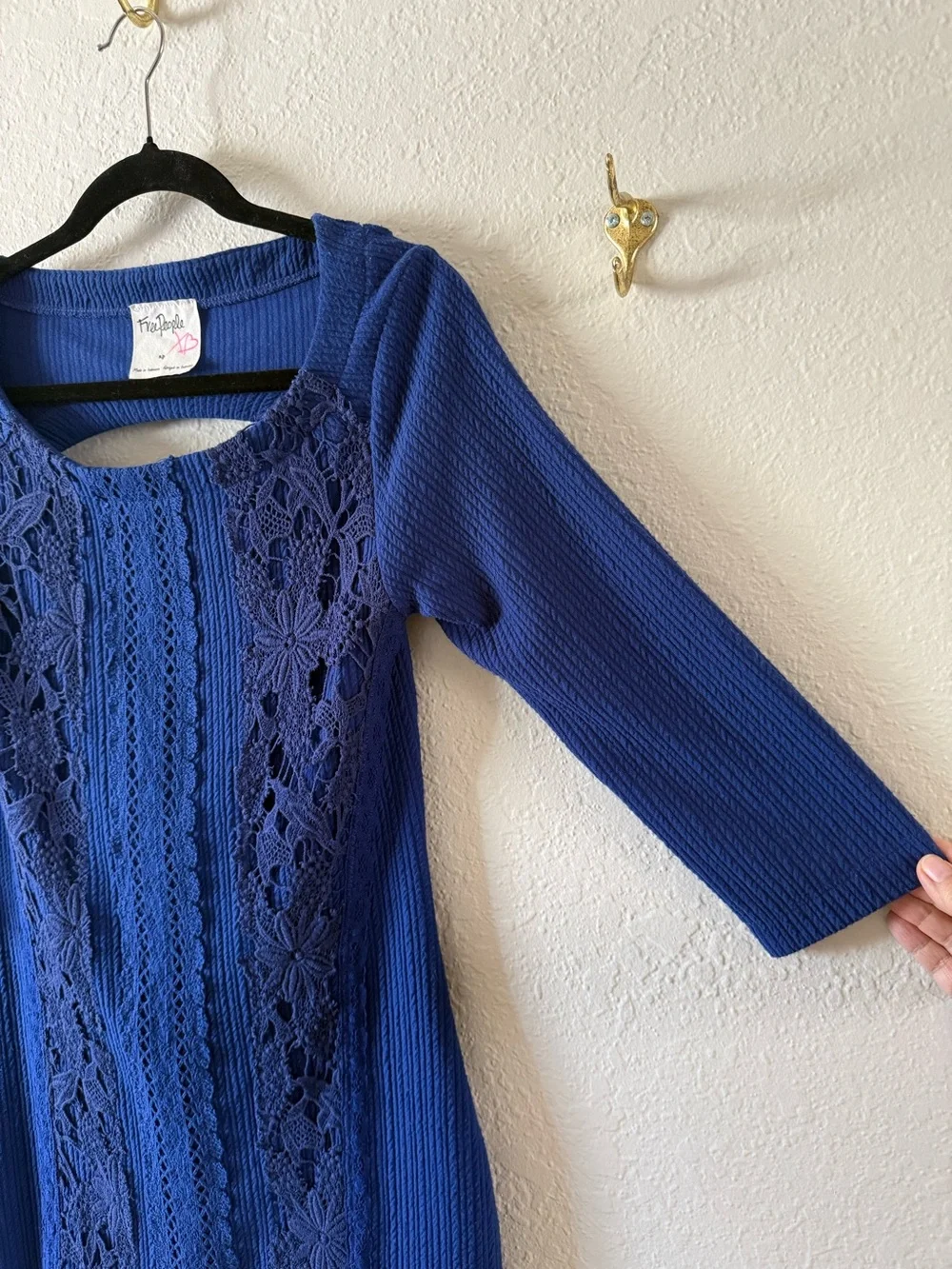 Free People Royal Blue Rib Knit Mini Dress Small Petite 3/4 Sleeve Back Cutout